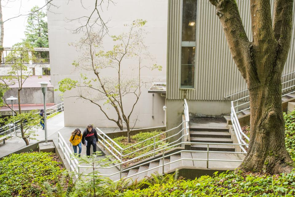 Students walk up stairs between classes Students walk up stairs between classes