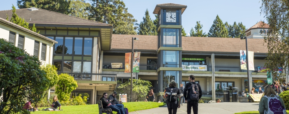 a view of campus with students walking around