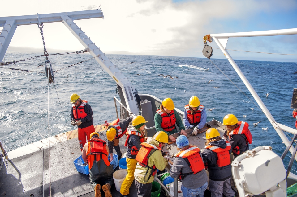 Students on Cal Poly Humboldts Research Vessel the Coral Sea heading out of Humboldt Bay